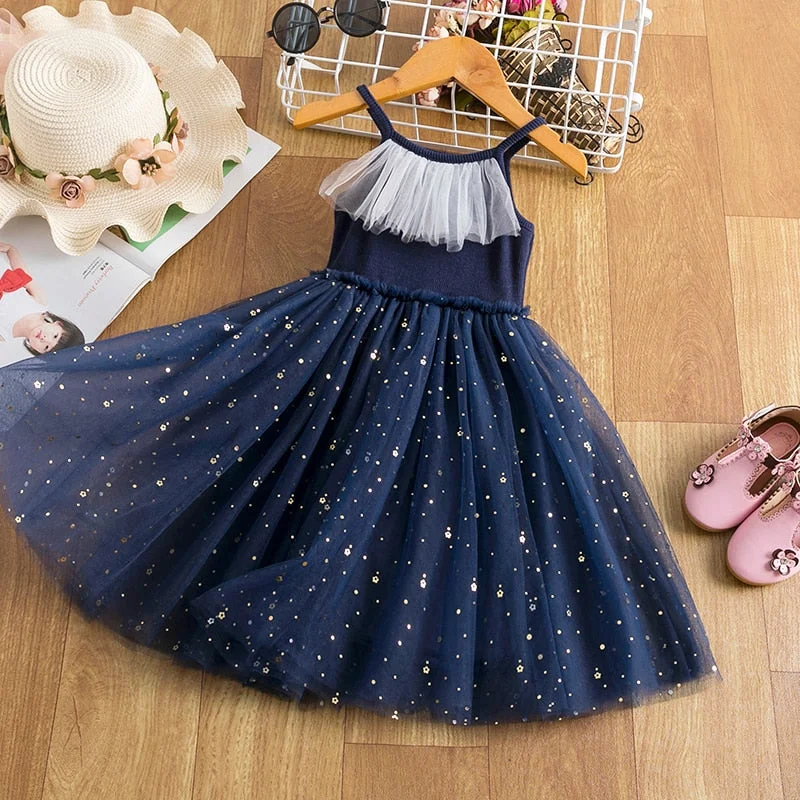 Summer Fancy Pretty Girl Colorful Dots Dress Birthday Party Princess Dress Lace Ball Gown Elegant Dress Casual Dress Size 3-8T