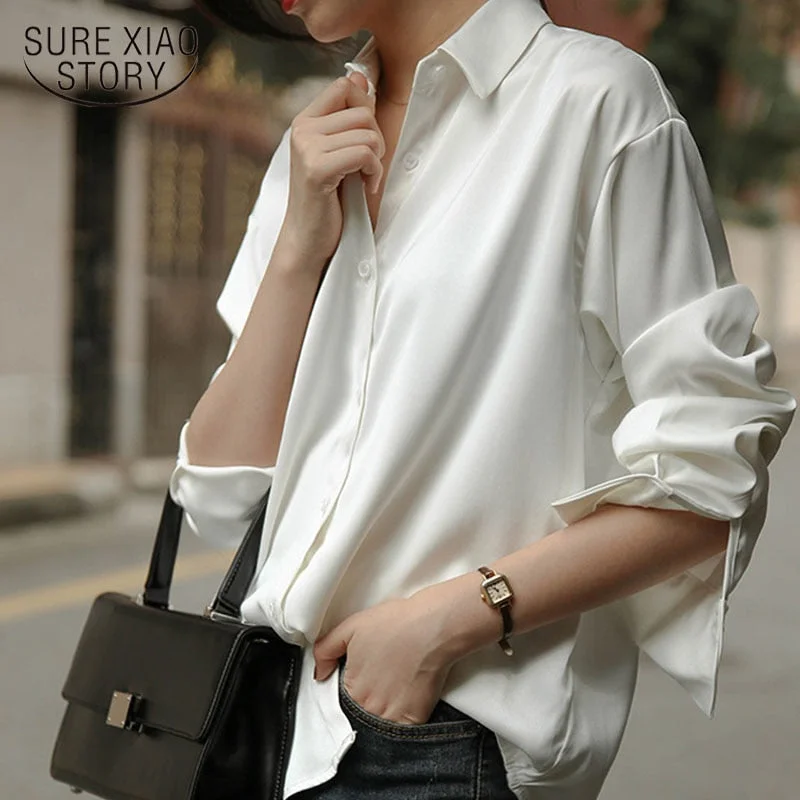Autumn Fashion Button Up Satin Silk Shirt Vintage Blouse Women White Tops Lady Long Sleeves Female Loose Street Shirts 11355