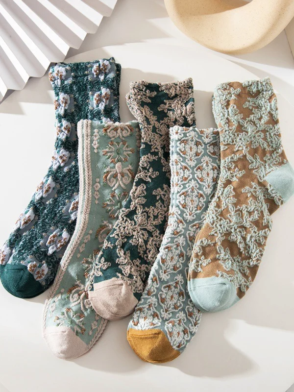 Vintage Floral Jacquard Comfy Socks Set