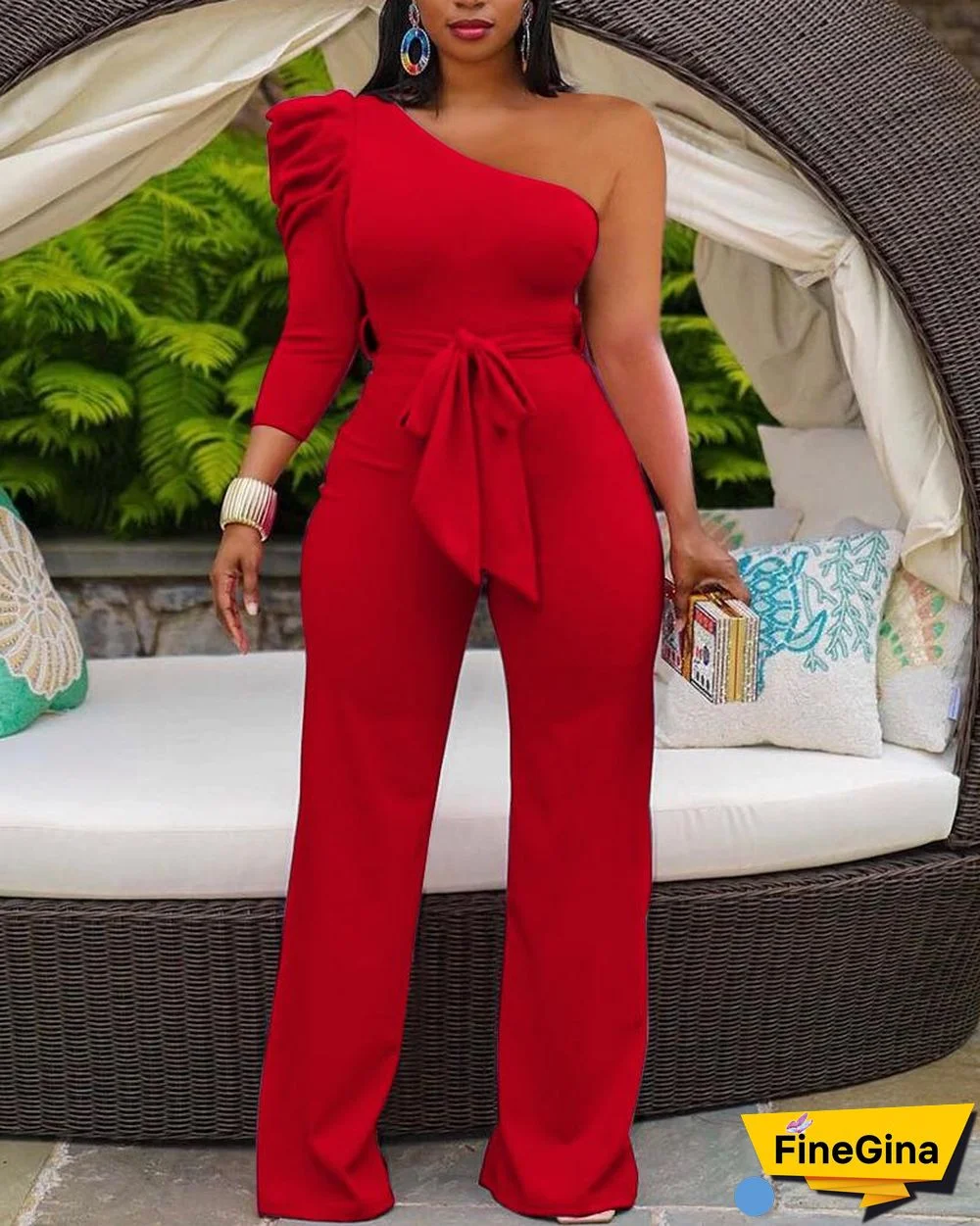 Solid One Shoulder Puff Sleeve Belted Jumpsuit