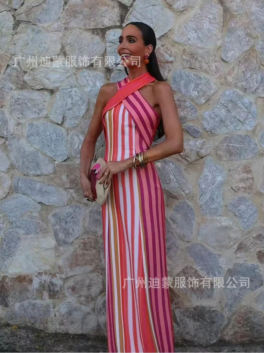 Nigikala Nigikala Women's Clothing Hanging Neck Strapless Pocketed Hips Striped Dress