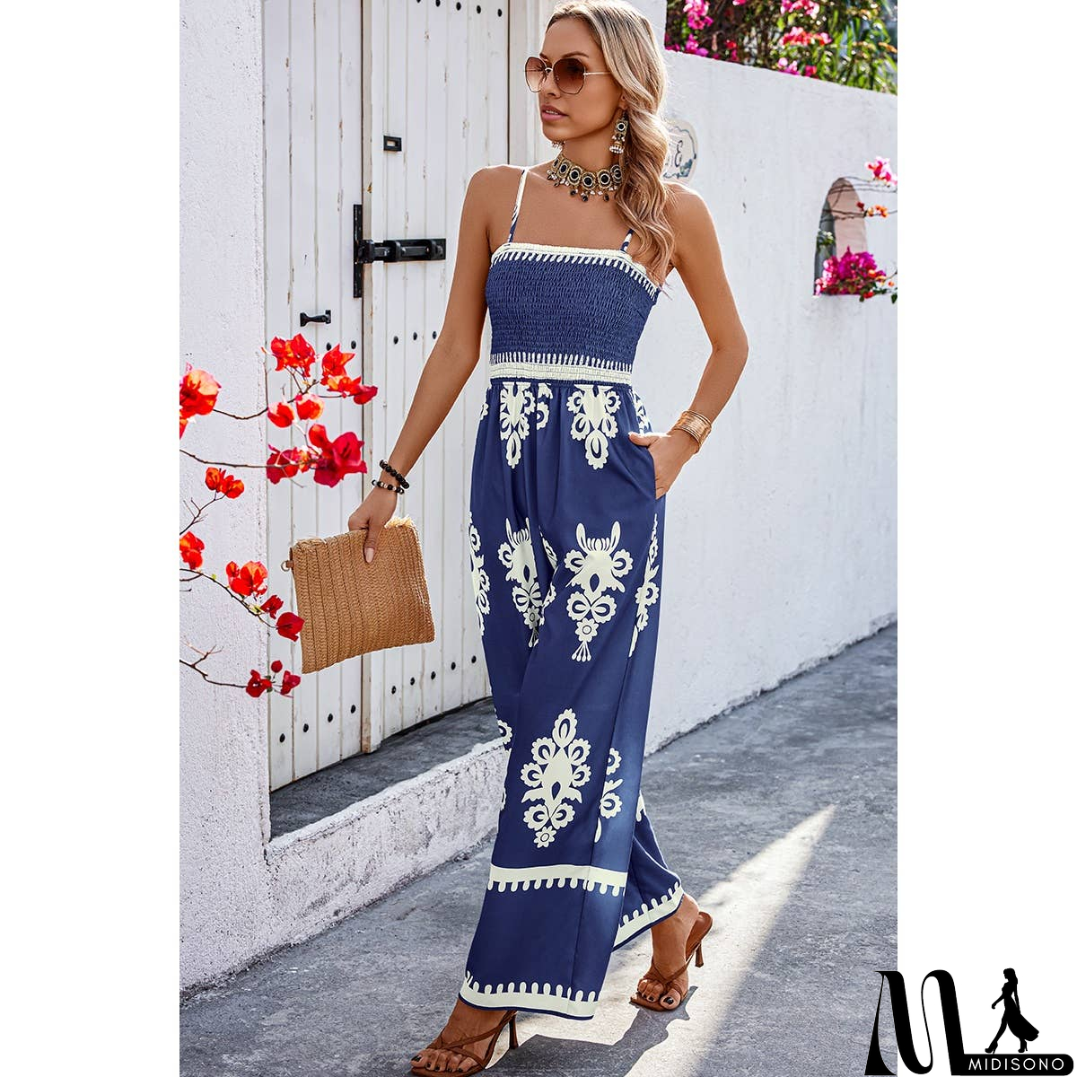 MidiSono - Off Shoulder Ruched Printed High Waist Jumpsuit