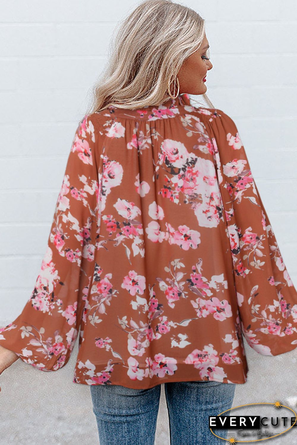 Multicolor Split V Neck Bubble Sleeves Floral Shift Top