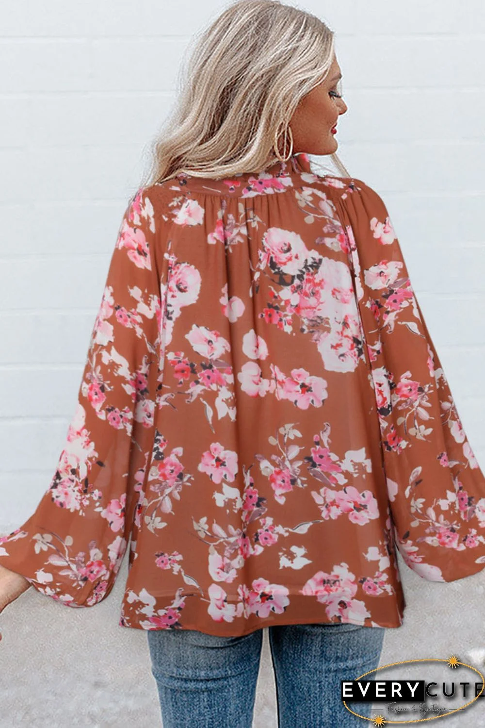 Multicolor Split V Neck Bubble Sleeves Floral Shift Top