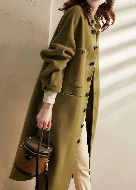 Plus Size Green Button Pockets Patchwork Woolen Long Coat Fall