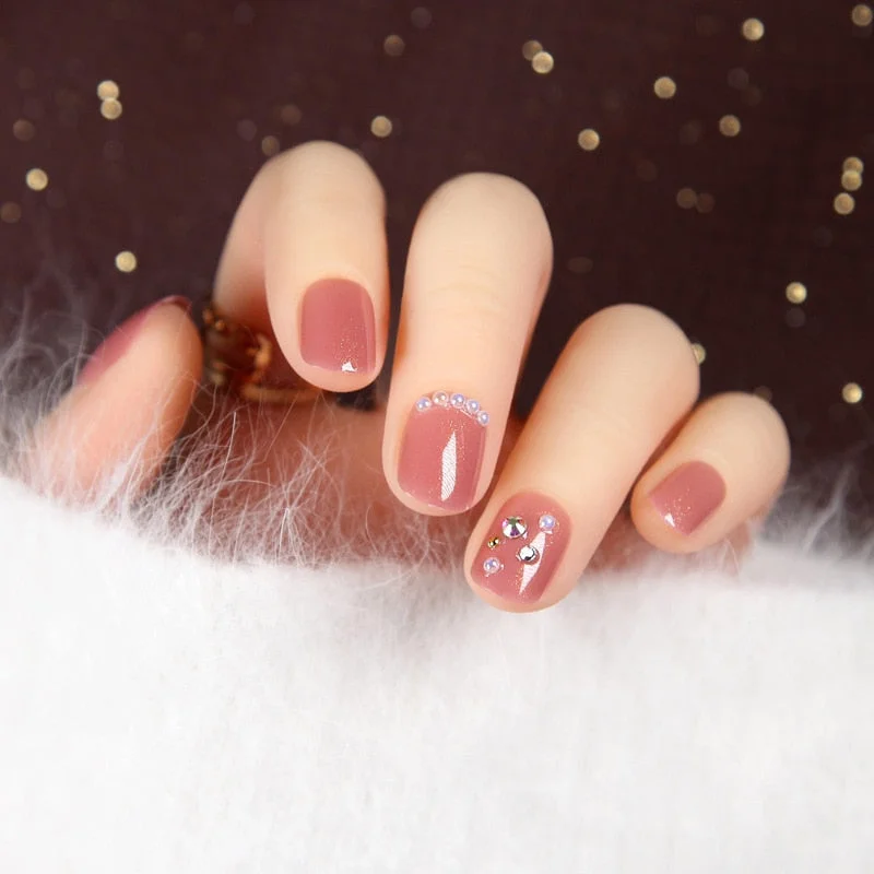 24pcs Nude Color press on nails short Paillette Gold Foil Woman Wearable Fake Nails with Glue Girls Daily Decoration Fingernail-Nail Inspo