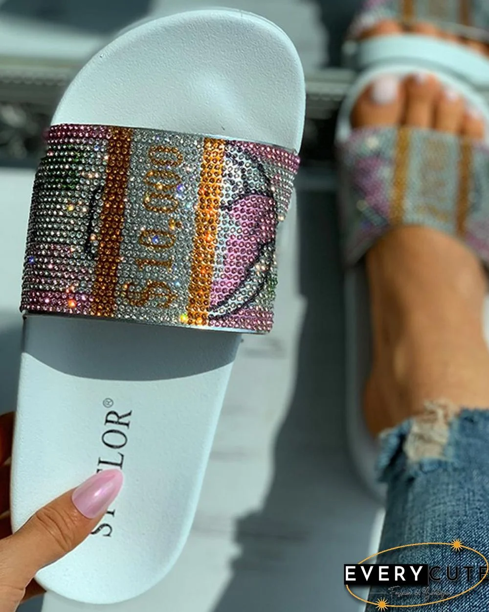Dollar Pattern Studded Slide Sandals