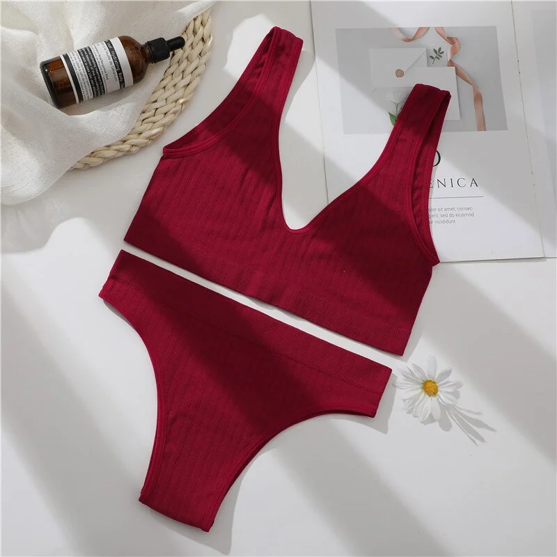 FINETOO Seamless Women Seamless Bra Lingerie Set Sexy Cropped Top Push Up Short Top+Thong Fitness Brassiere Suits Underwear Sets