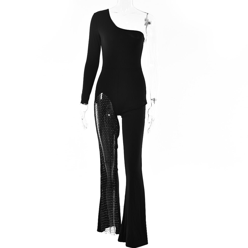 Articat Patchwork Diamond Crystal Bodycon Jumpsuits Women One Shoulder Sexy Long Sleeve Flare Jumpsuit Clothes Streetwear Femme