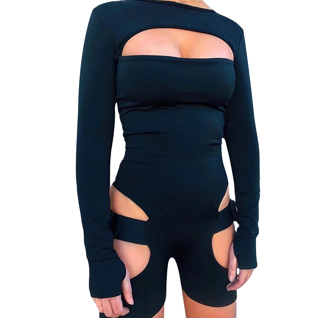 Hollow Out Buckle Women's Romper 2023 Long Sleeve O Neck Backless Solid Playsuit Club Fitness Cycling Overall Street Jumpsuits