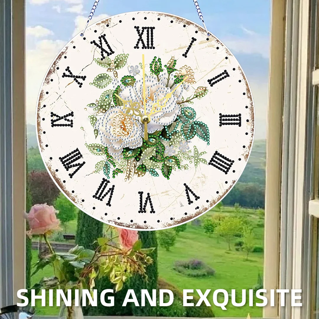 2D DIY Acrylic White Flower Diamond Painting Wall Clock Pendant w/Clock Function