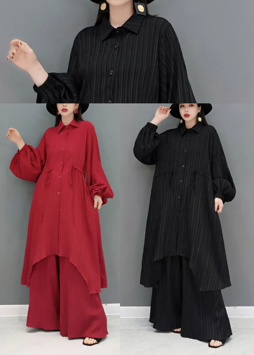 BlackDrawstringAsymmetricalCottonLongShirtAndWideLegPantsTwoPiecesSetSpring