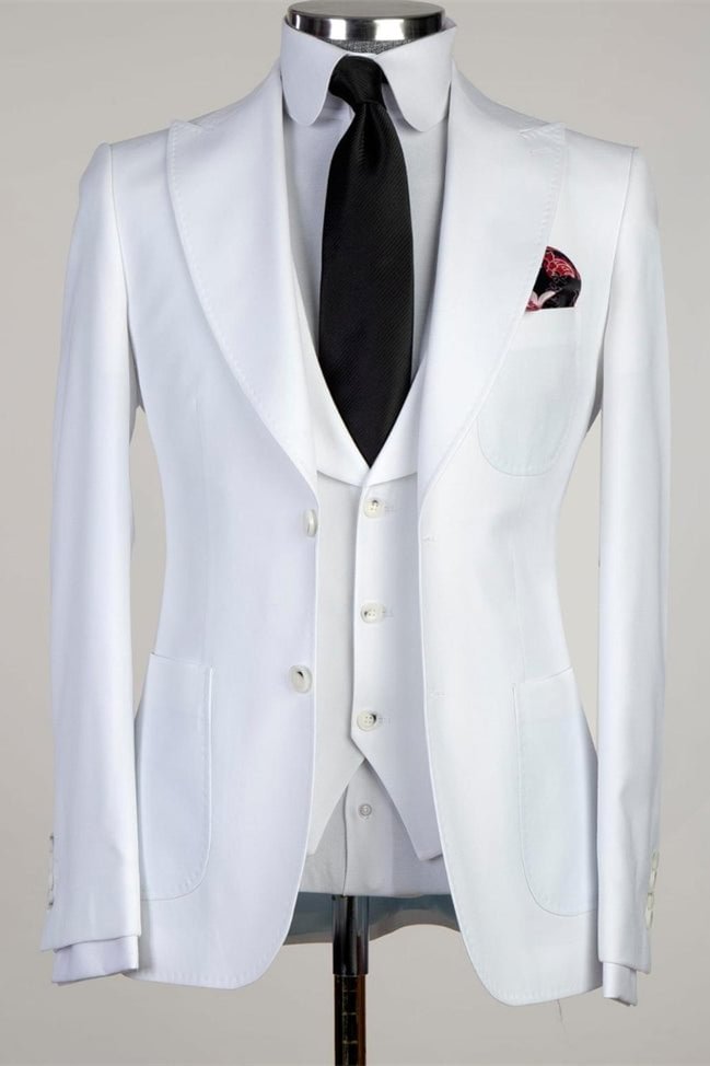 Three Pieces Modern White Peaked Lapel Men Suit For Business | Ballbellas Ballbellas