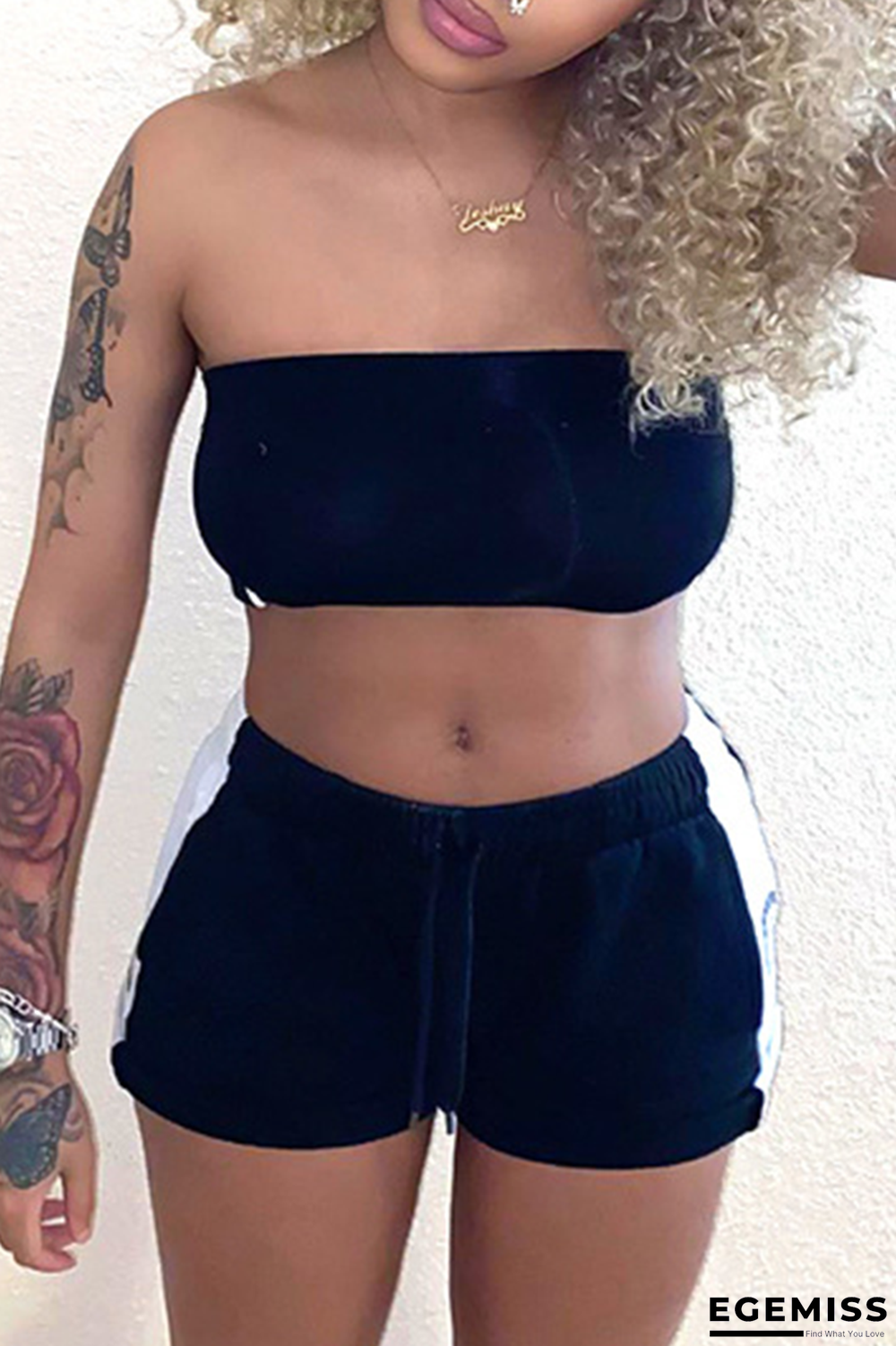 Black Sexy Print Patchwork Strapless Sleeveless Two Pieces | EGEMISS