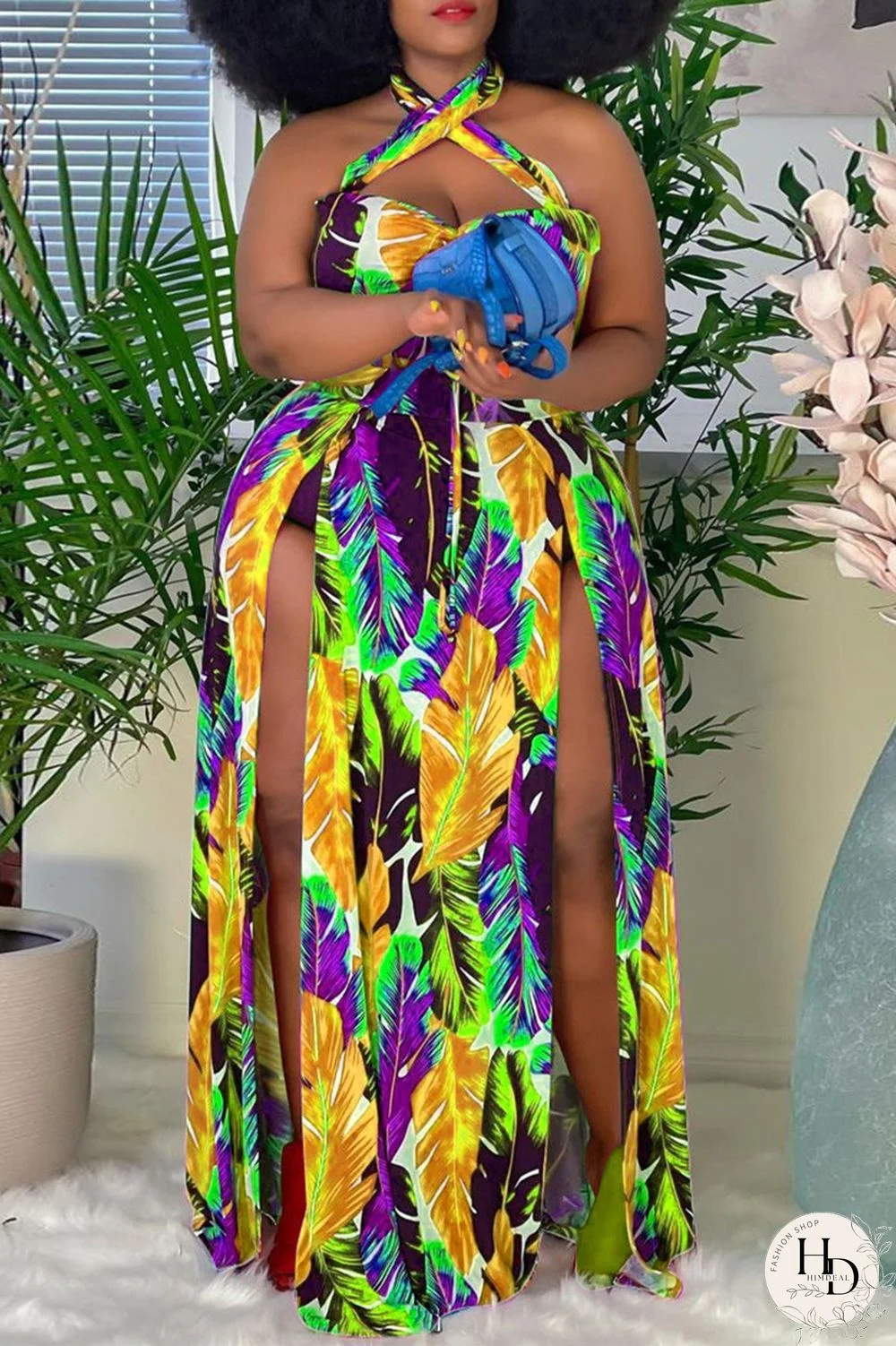 Yellow Fashion Sexy Plus Size Print Backless Slit Halter Sleeveless Dress