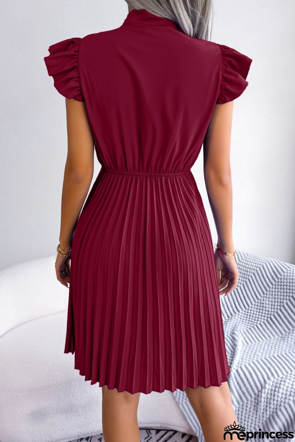 Tie Neck Butterfly Sleeve Pleated Dress