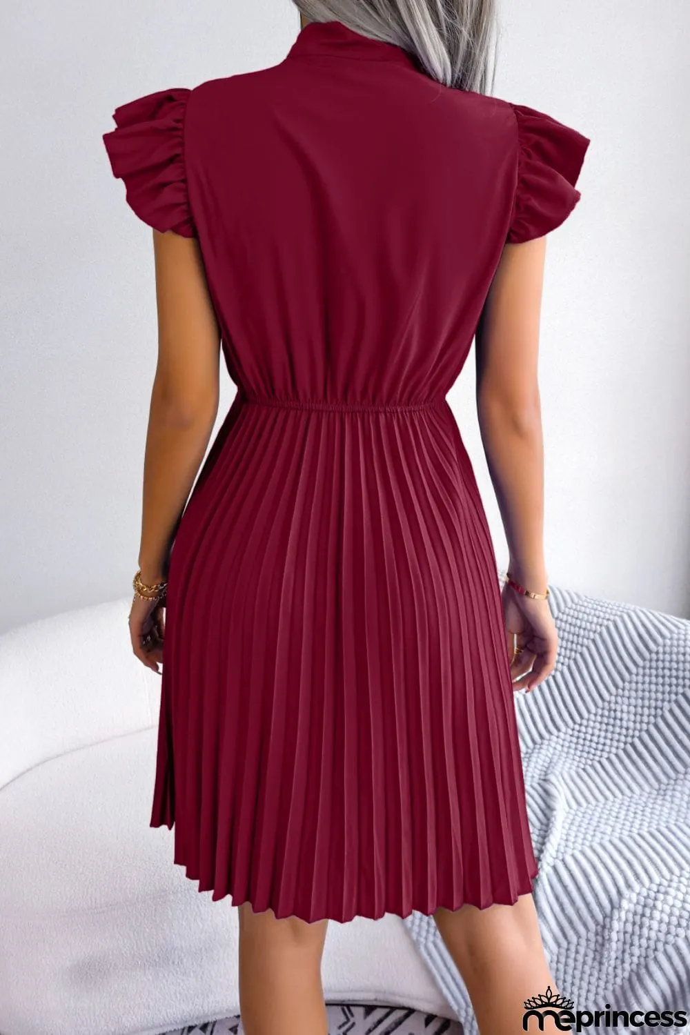 Tie Neck Butterfly Sleeve Pleated Dress