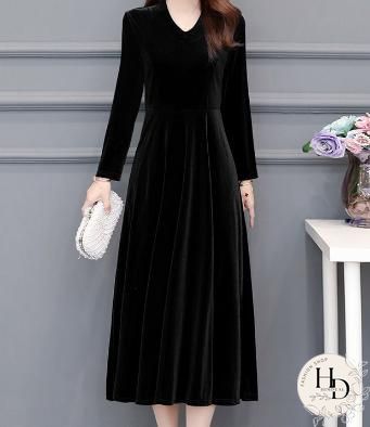 Solid 3/4 Sleeve Vintage Women Velvet Maxi Dresses