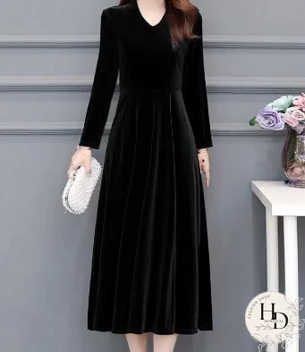 Solid 3/4 Sleeve Vintage Women Velvet Maxi Dresses