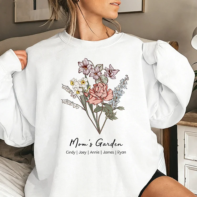 Mom's Garden / Grandma's Garden Apparel Set: Custom Family Bouquet T-Shirt, Crewneck & Hoodie with Names 