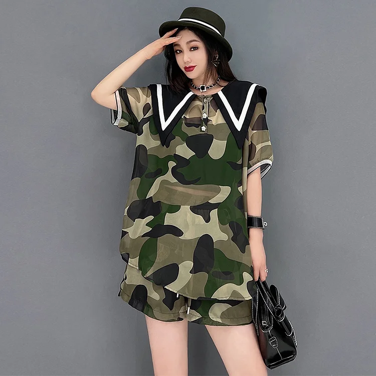 Fashion Loose Peter Pan Collar Printed Half Sleeve Top And Shorts Two Pieces Set      
