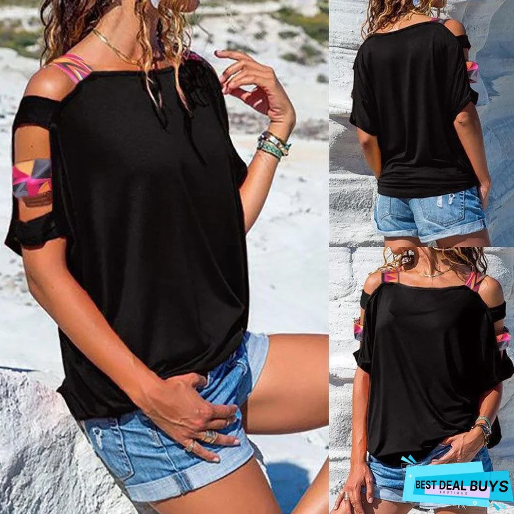 Women Bare Shoulder T-Shirt Vintage Boho Print Cold Shoulder Tunic Loose T-Shirt