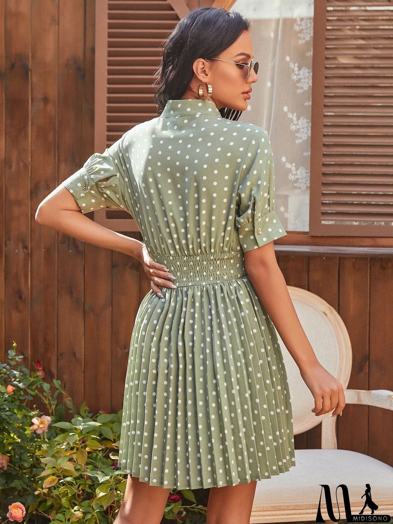 MidiSono - Polka Dot Pleated Tie Neck Smocked Waist Dress