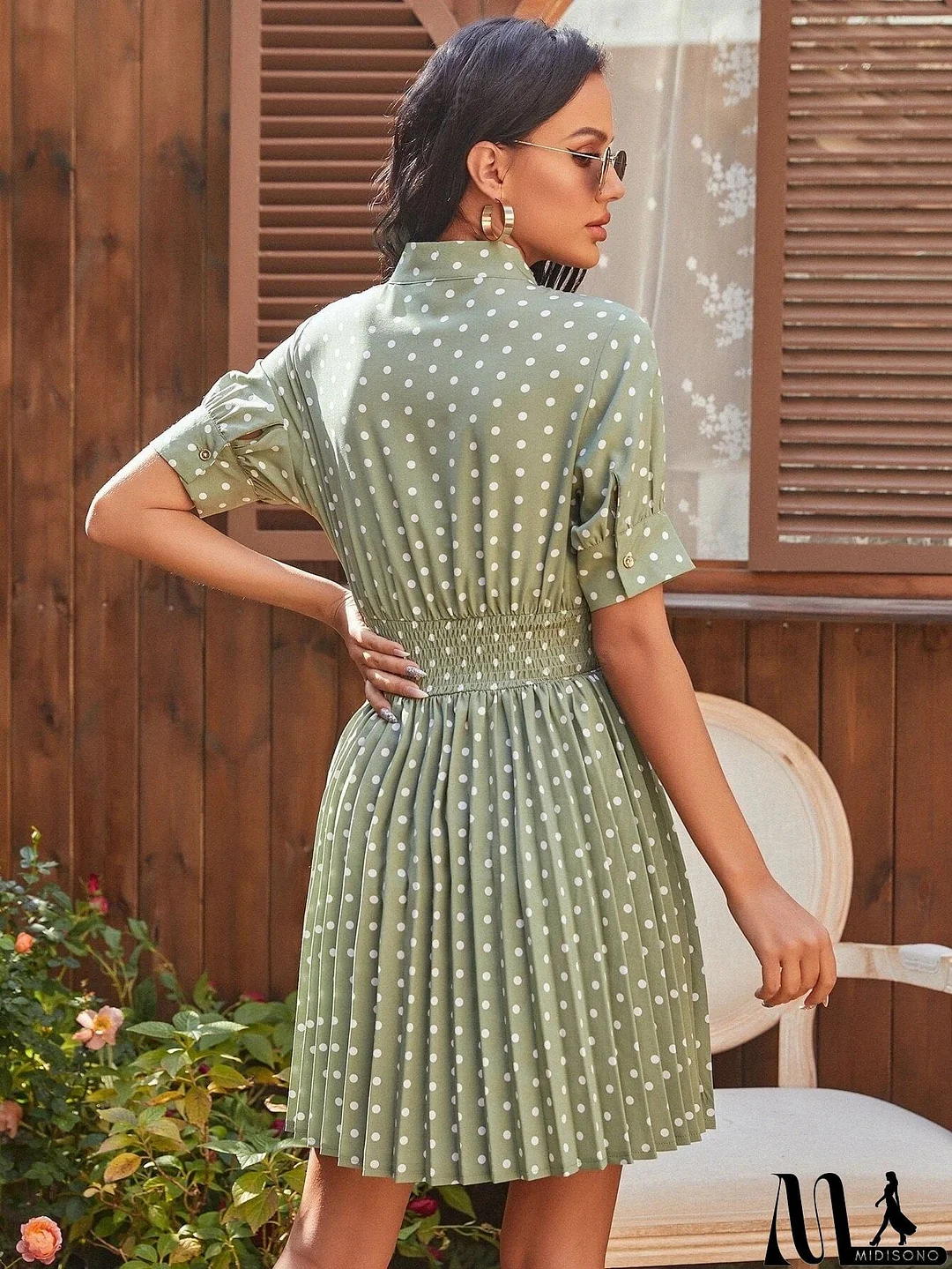 MidiSono - Polka Dot Pleated Tie Neck Smocked Waist Dress