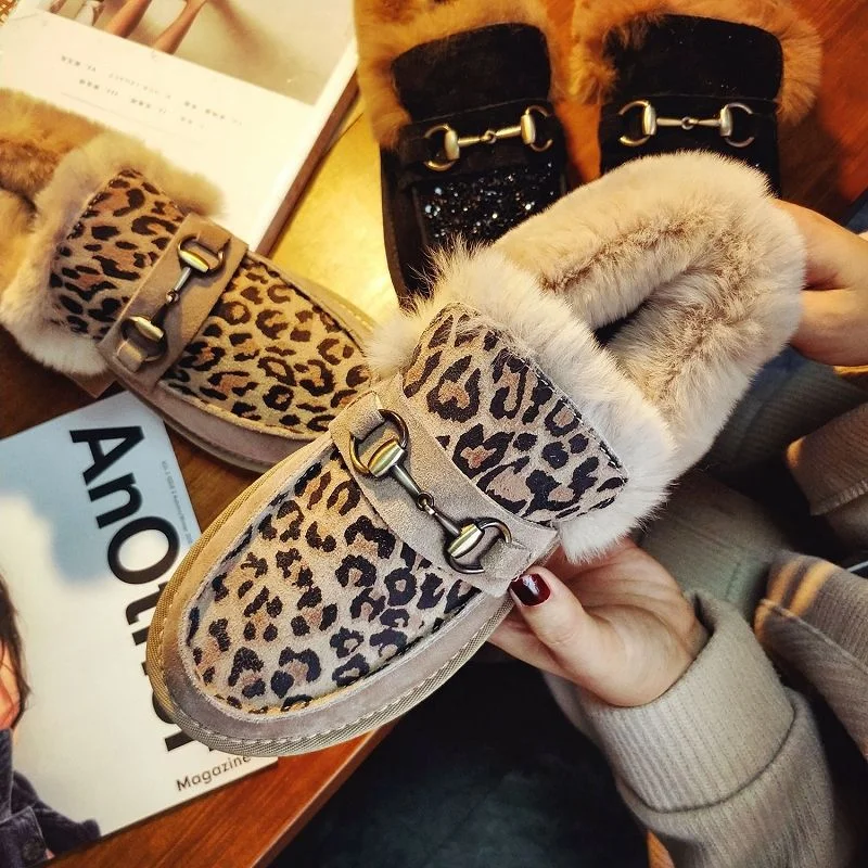 Genuine Cony Hair Loafers Students Leopard Flats Comfortable Cotton Shoes Woman's Heels Thick Sole Buckle Fuzzy GlitterBlack