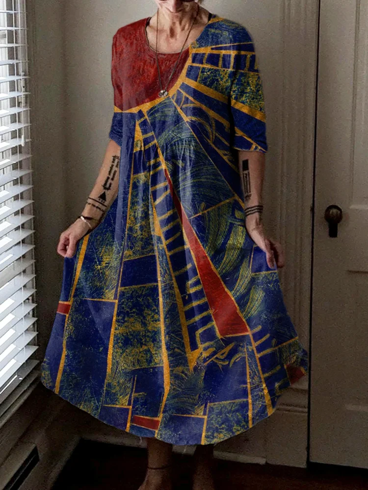 Women's Vintage Sun Collage Art Print Long Sleeve Pocket Cotton Dress