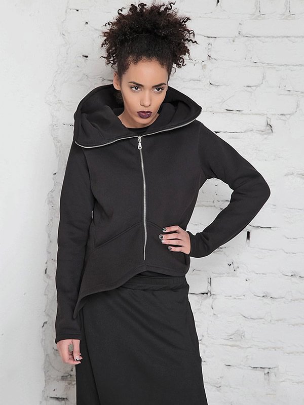 Original Solid Color Zipper High-Neck Hooded Long Sleeves Outwear