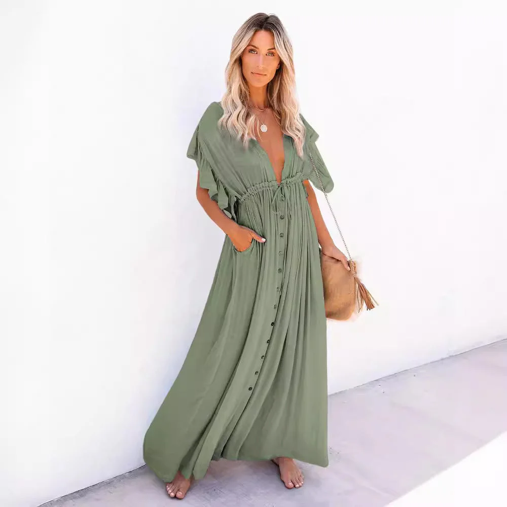 Brownm Summer Sun Protective Double-breasted Drawstring Dress Dresses