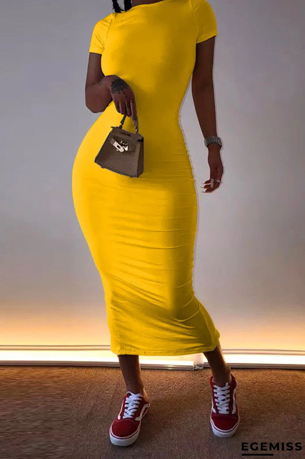 Yellow Fashion Casual Short Sleeve Slim Dress | EGEMISS