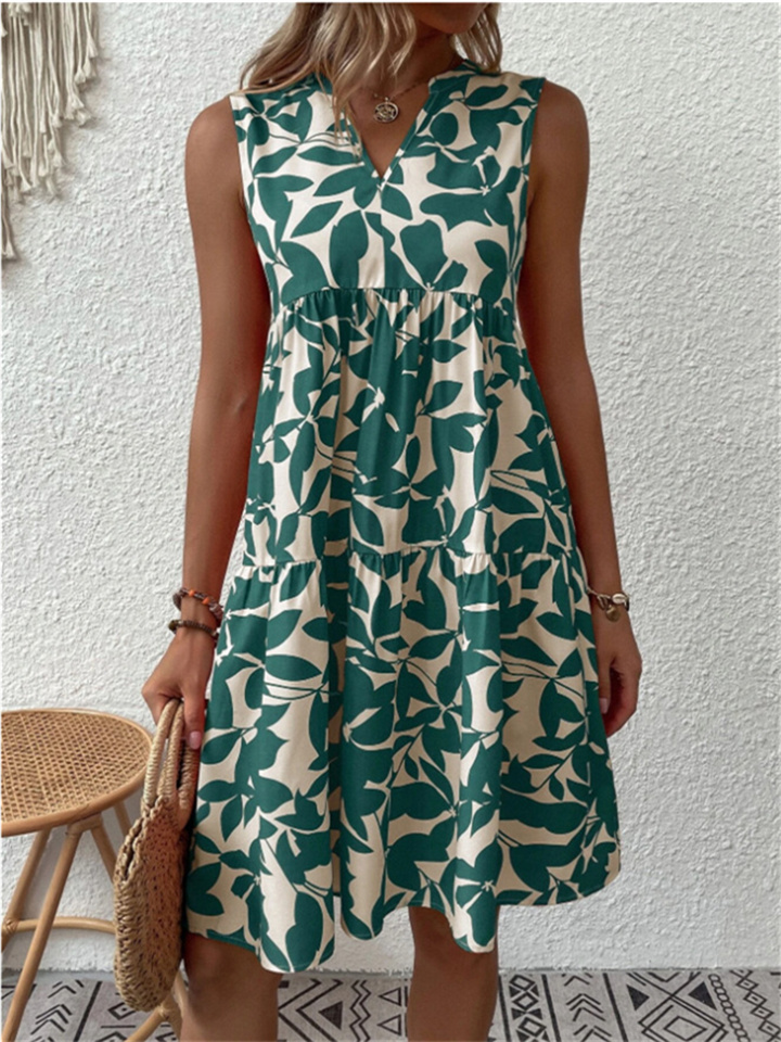 Women's Bohemian Plant Floral Fashion Digital Print Dress Loose V-neck Pleated Print Dresses Women