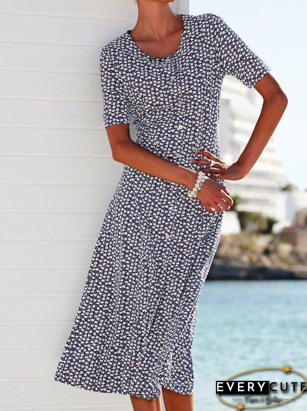 Floral Midi Dress Plus Size Summer Crew Neck Dresses
