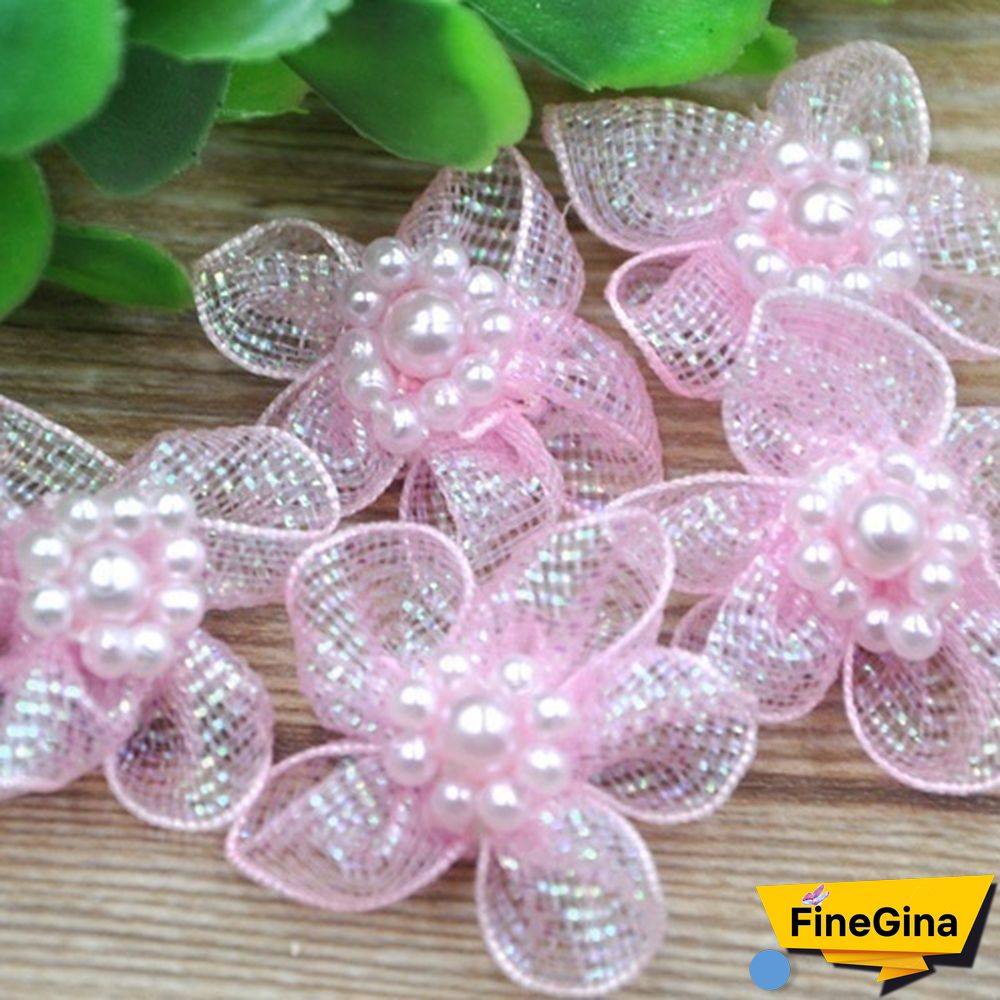 Hot 20Pcs Organza Ribbon Flowers Bows With Beads Appliques Wedding Craft DIY Christmas/Wedding Decoration