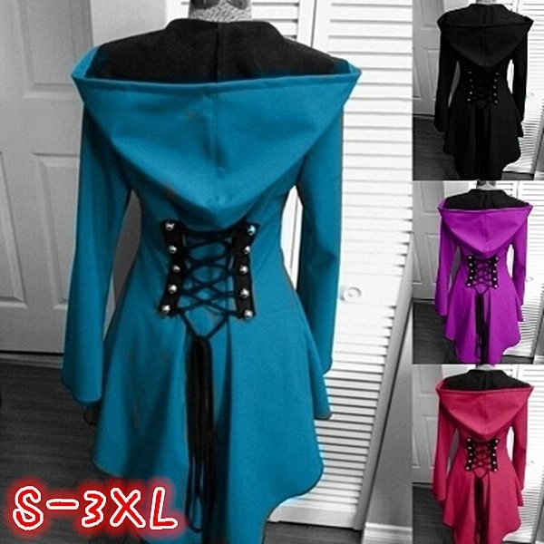 Punk Worsted Hooded Jacket for Women Fashion Steampunk Gothic Long Sleeve Coat Stitching Ladies Black Overcoat Plus Size S-3XL