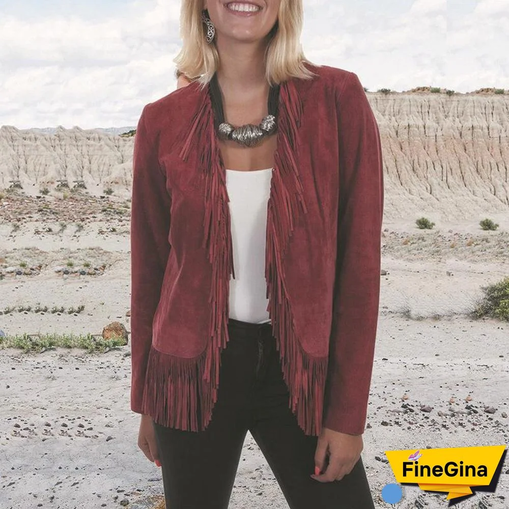 Wine Red Tassels Women Outerwear