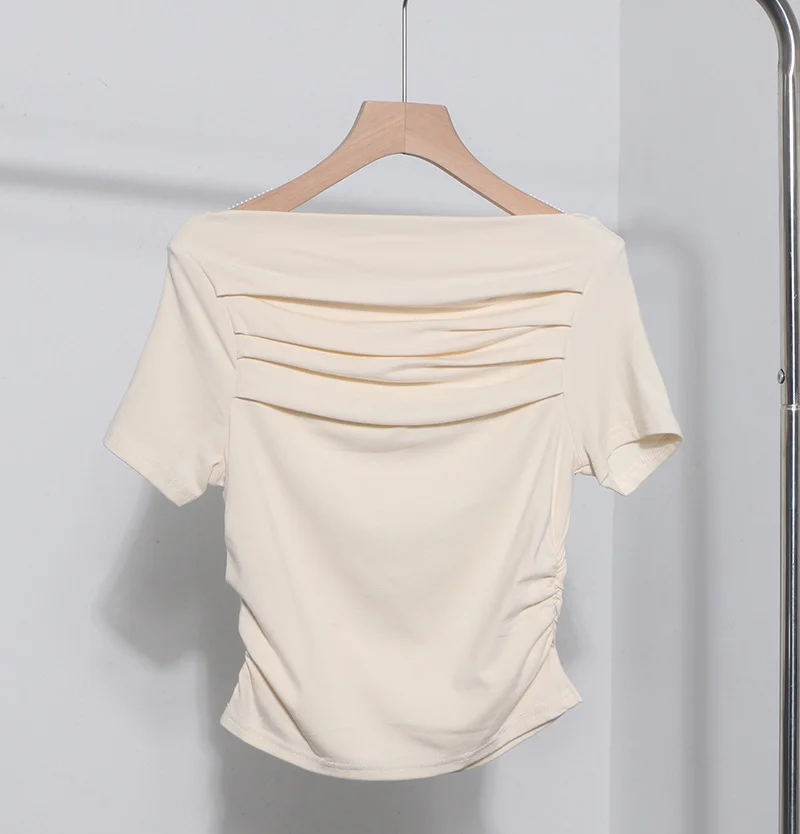 Uveng Real Shot A Word Shoulder Short Sleeve Pressure Folded T-Shirt Summer Slimming Pure Lust Folded Collarbone Short Blouse 8879