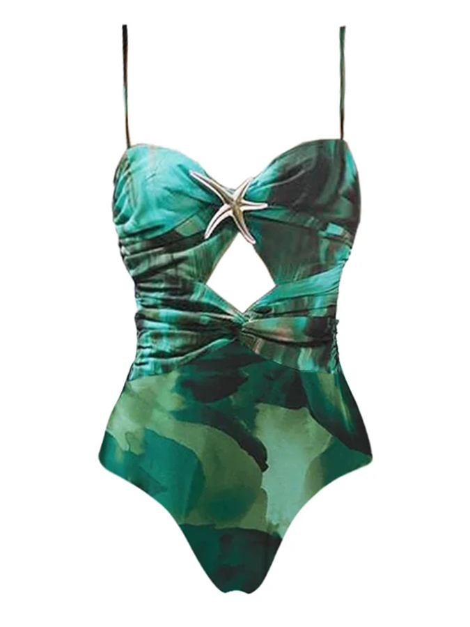 Green Printed Folds One Piece Swimsuit and Skirt