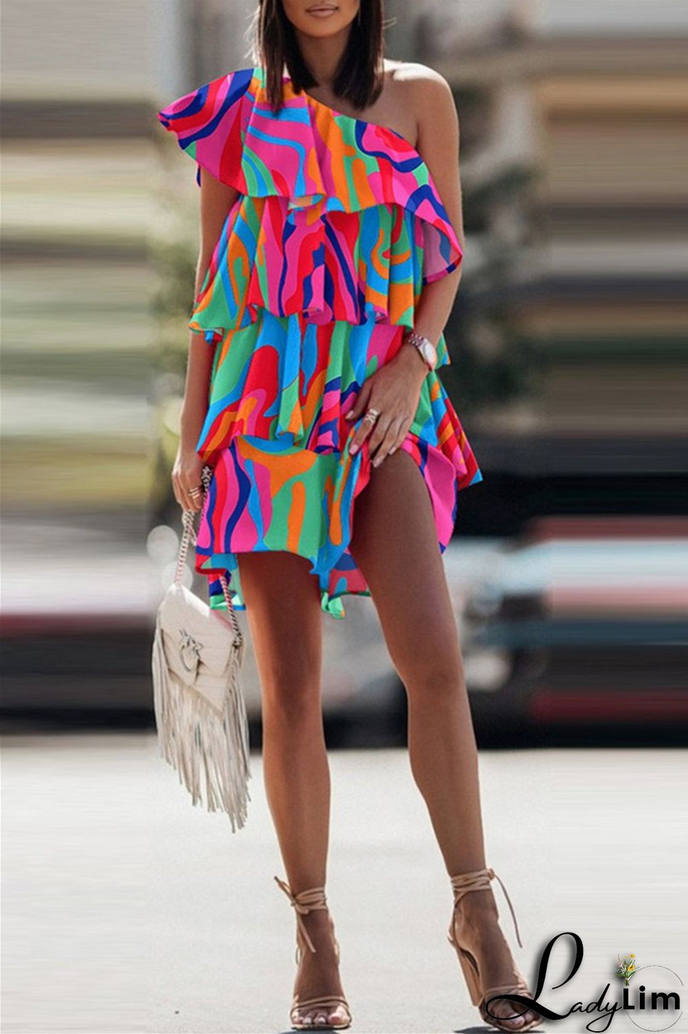 Pink Fashion Casual Print Patchwork Backless Oblique Collar Sleeveless Dress Dresses