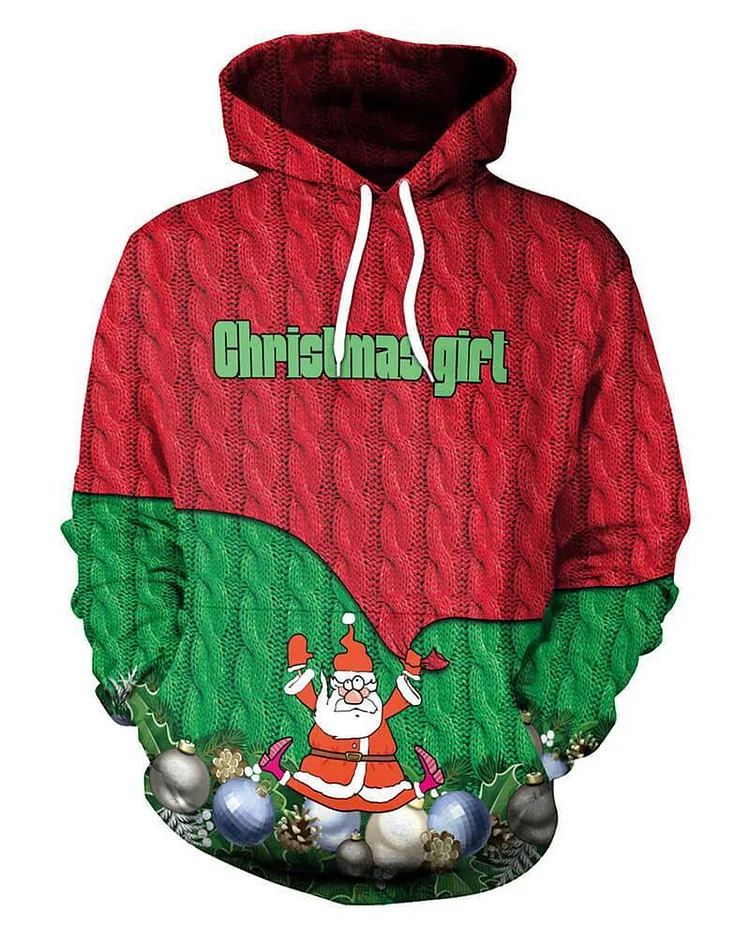 Mayoulove Christmas Girl Santa Claus Knitted Sweater Print Red Pullover Hoodie-Mayoulove
