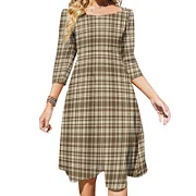 Tartan Plaid Pattern Brown Beige No 70 Dress Sweetheart Tie Back Flared 3/4 Sleeve Midi Dresses Plaid-XL