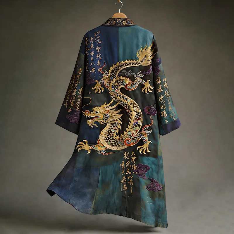 Men's Vintage Japanese Calligraphy Dragon Art Pattern Linen Blend Kimono