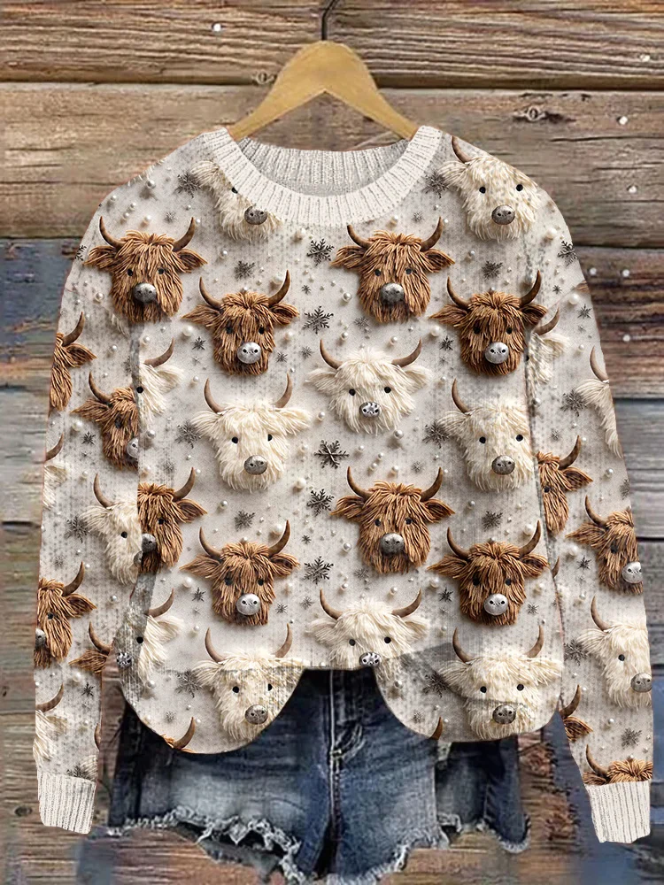 VChics Christmas Highland Cow Casual Cozy Knit Sweater
