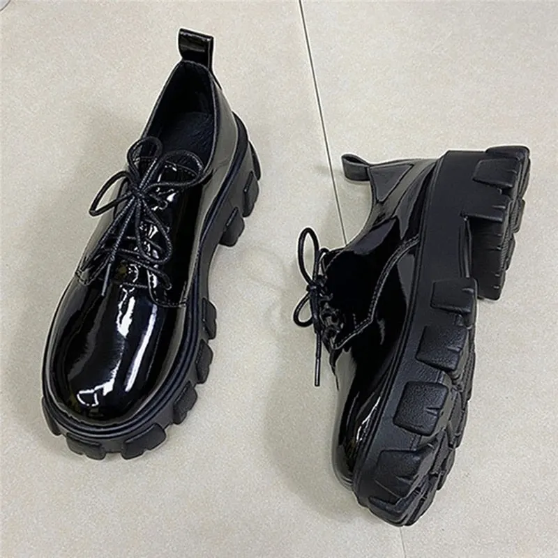 Women Platform Flat Oxford Shoes Black Lace Up Leather Casual Round Toe Spring Autumn Shoes Heighten Waterproof Shoes Plus Siz