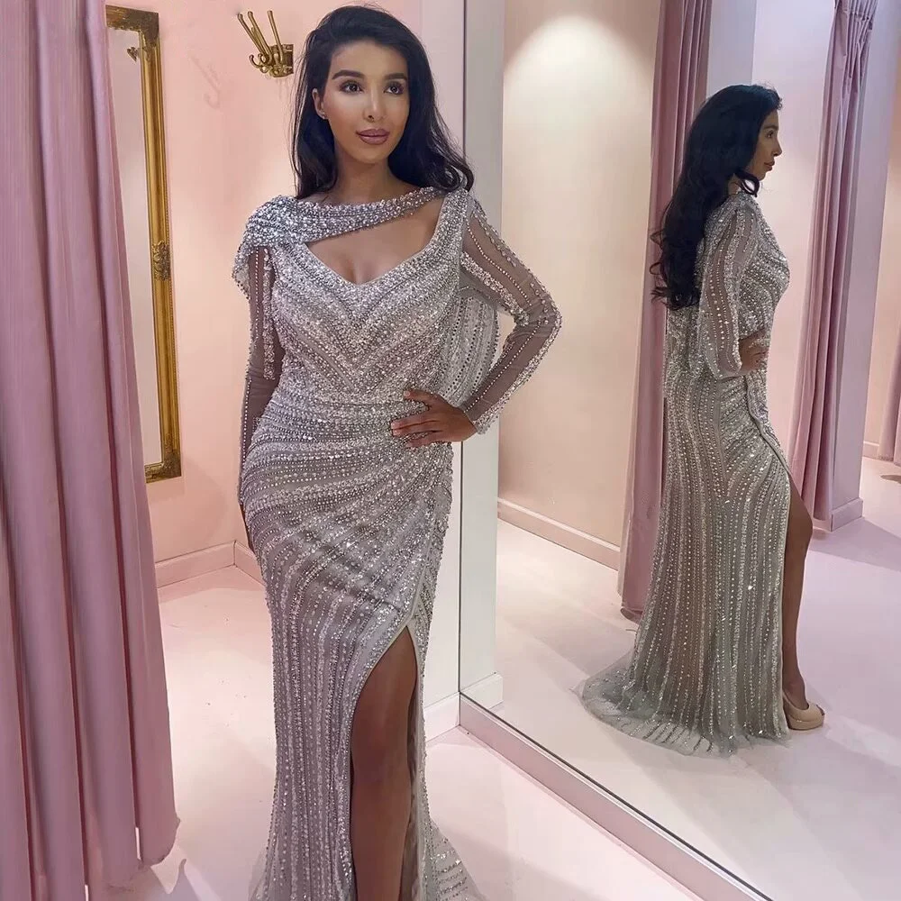 Lisliy Sequins Prom Dress Long Sleeve V Neck High Slit