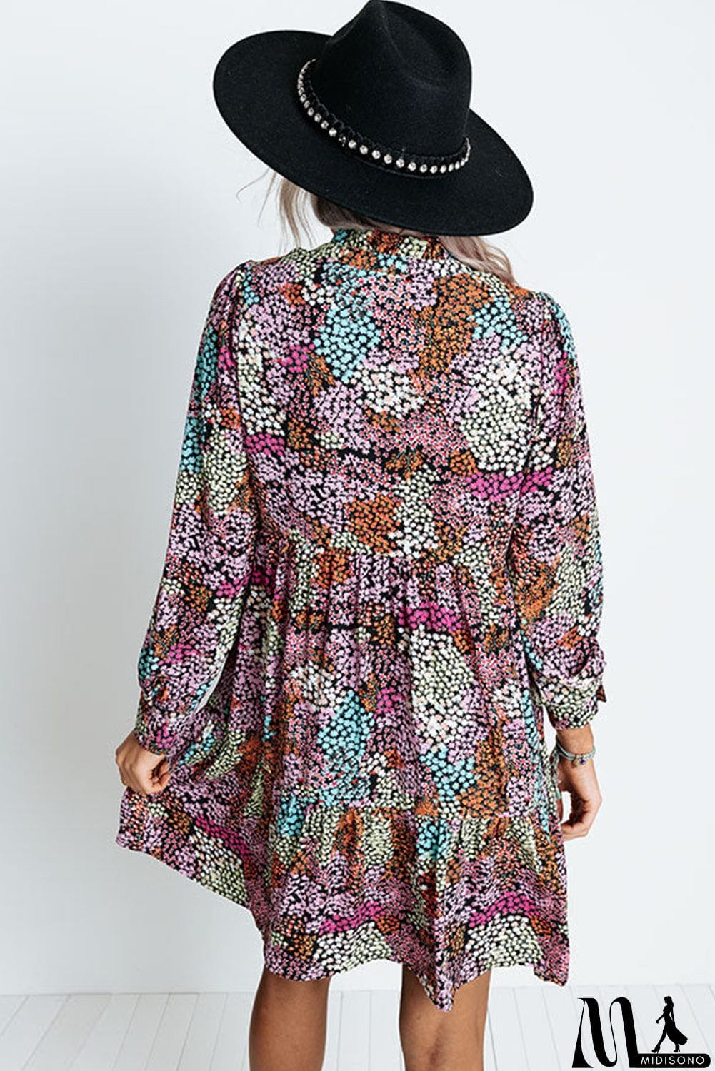 MidiSono - color Floral Print High Waist V Neck Shirt Dress