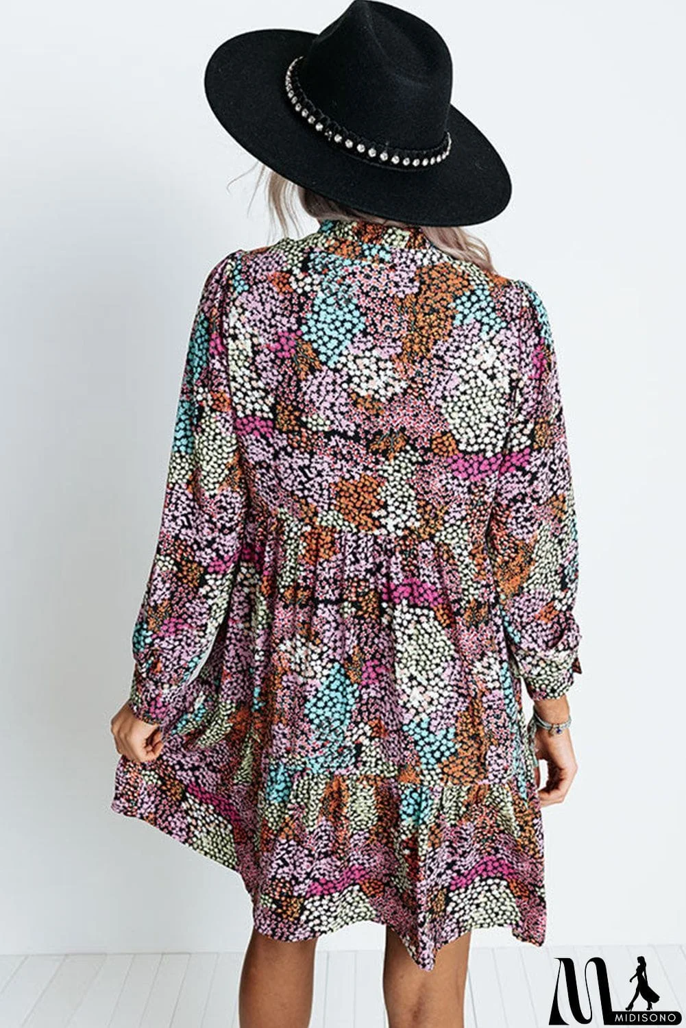 MidiSono - color Floral Print High Waist V Neck Shirt Dress