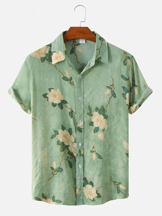 Men's Oil Painting Floral Pattern Printed Cotton Blend Short Sleeve Hawaiian shirt